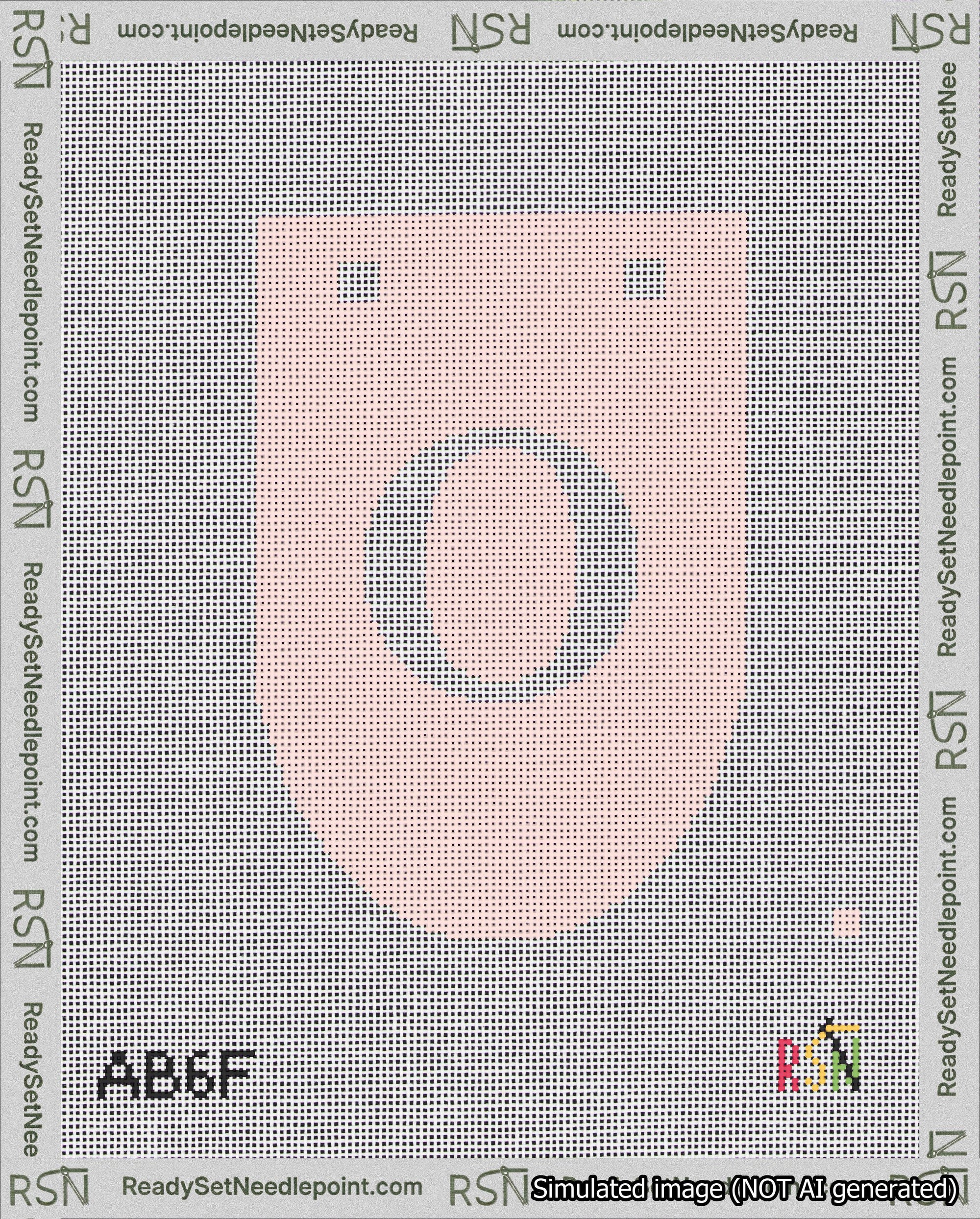 A taped needlepoint canvas with the design: Banner 18 mesh count Rounded O White on Pink.