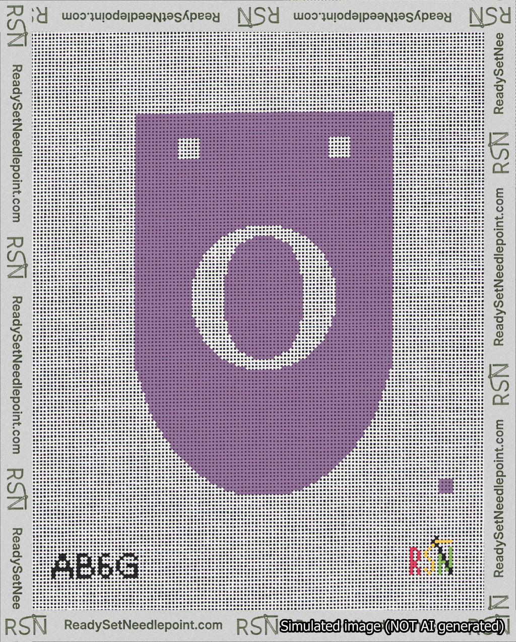 A taped needlepoint canvas with the design: Banner 18 mesh count Rounded O White on Purple.