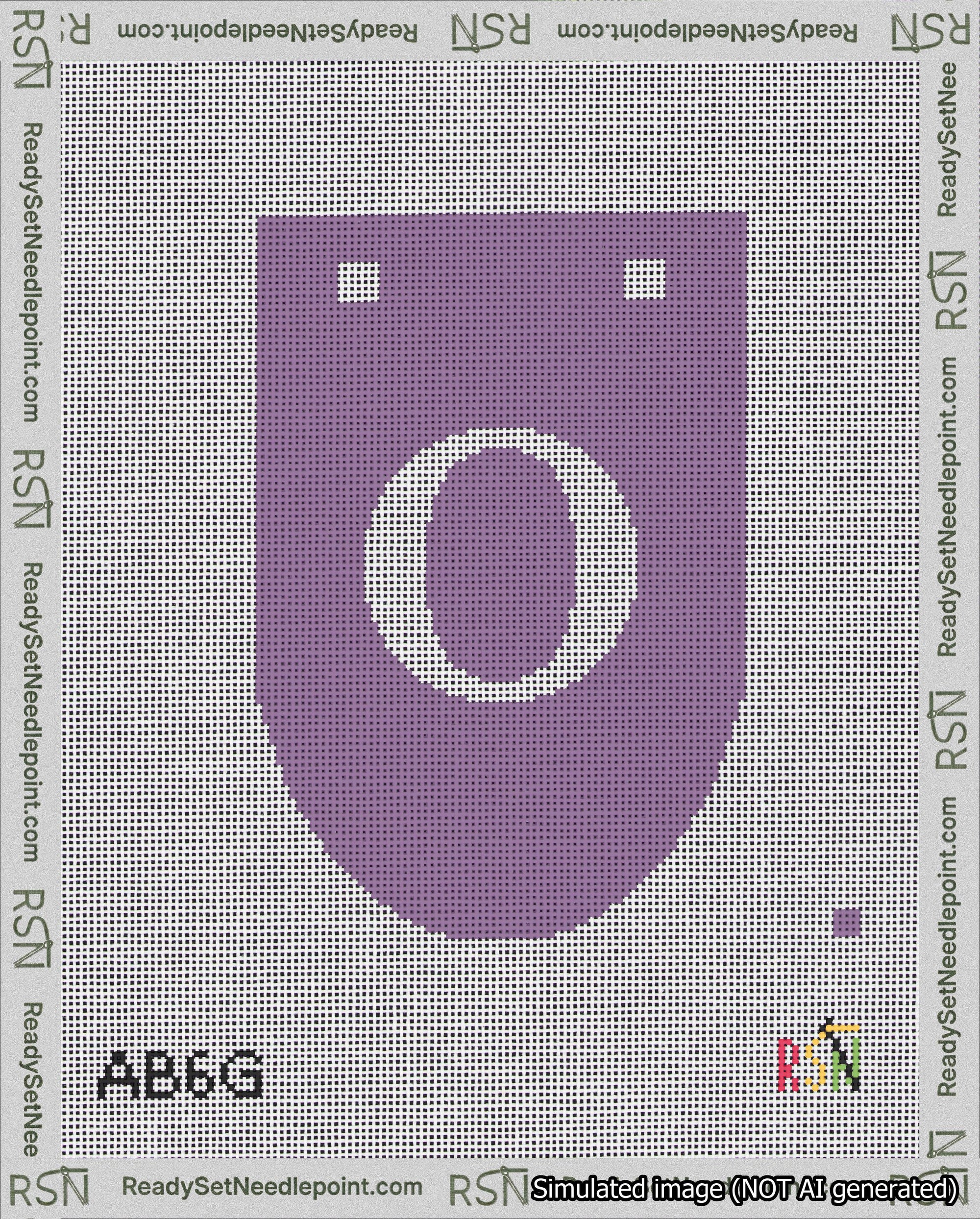 A taped needlepoint canvas with the design: Banner 18 mesh count Rounded O White on Purple.