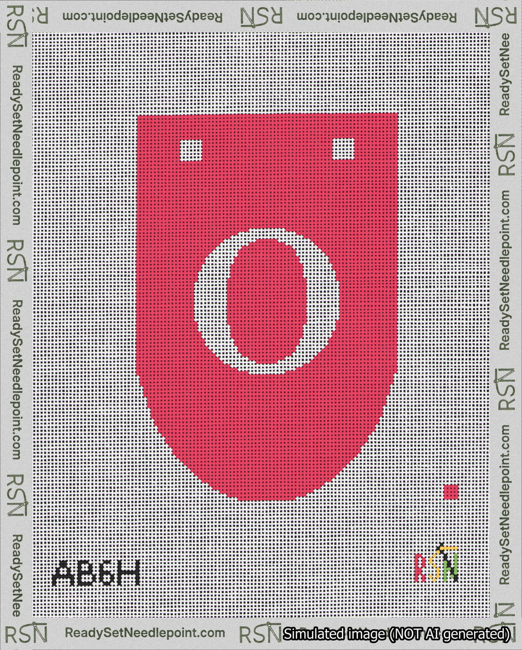 A taped needlepoint canvas with the design: Banner 18 mesh count Rounded O White on Red.