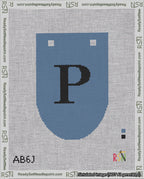 A taped needlepoint canvas with the design: Banner 18 mesh count Rounded P Black on Blue.