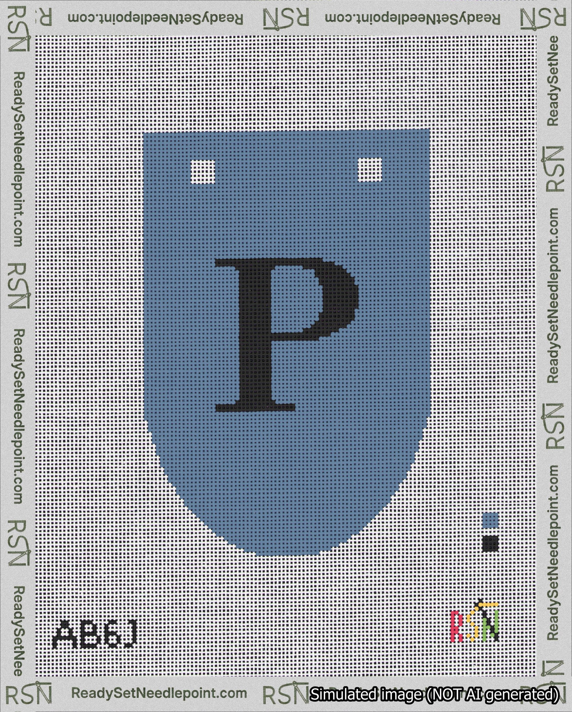 A taped needlepoint canvas with the design: Banner 18 mesh count Rounded P Black on Blue.