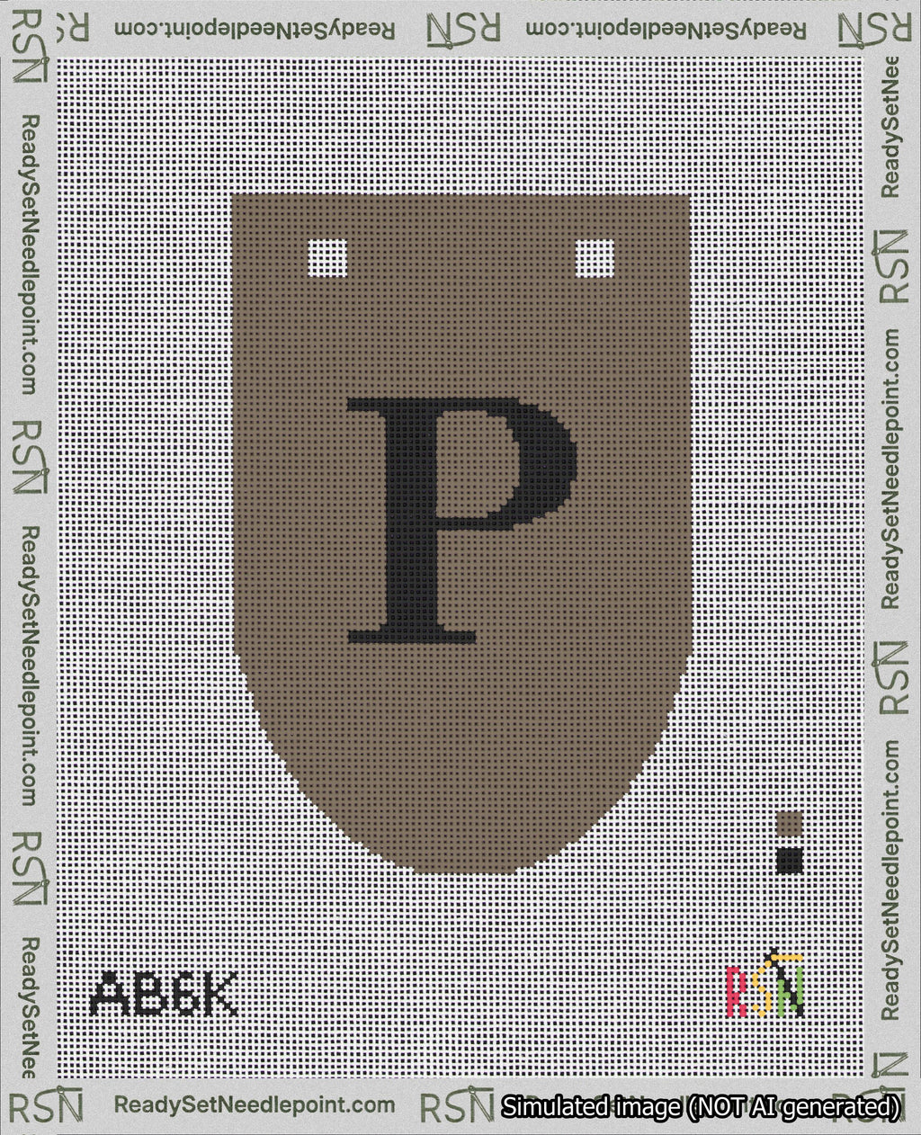 A taped needlepoint canvas with the design: Banner 18 mesh count Rounded P Black on Brown.