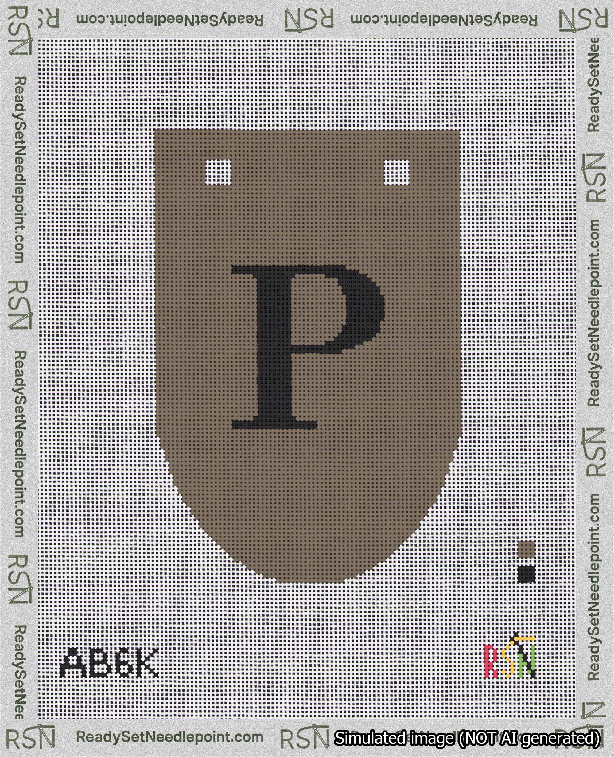 A taped needlepoint canvas with the design: Banner 18 mesh count Rounded P Black on Brown.