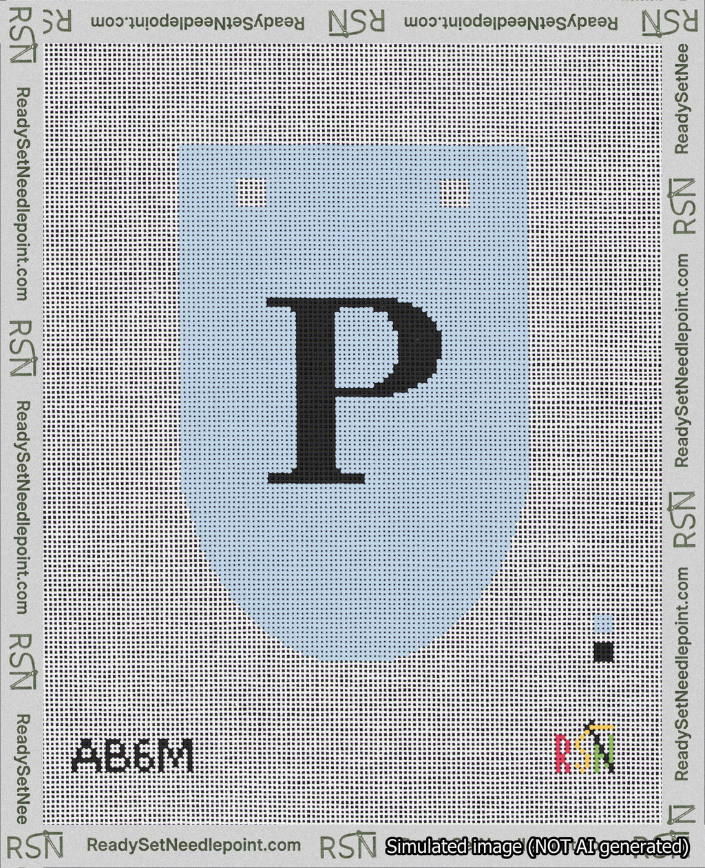 A taped needlepoint canvas with the design: Banner 18 mesh count Rounded P Black on Light Blue.