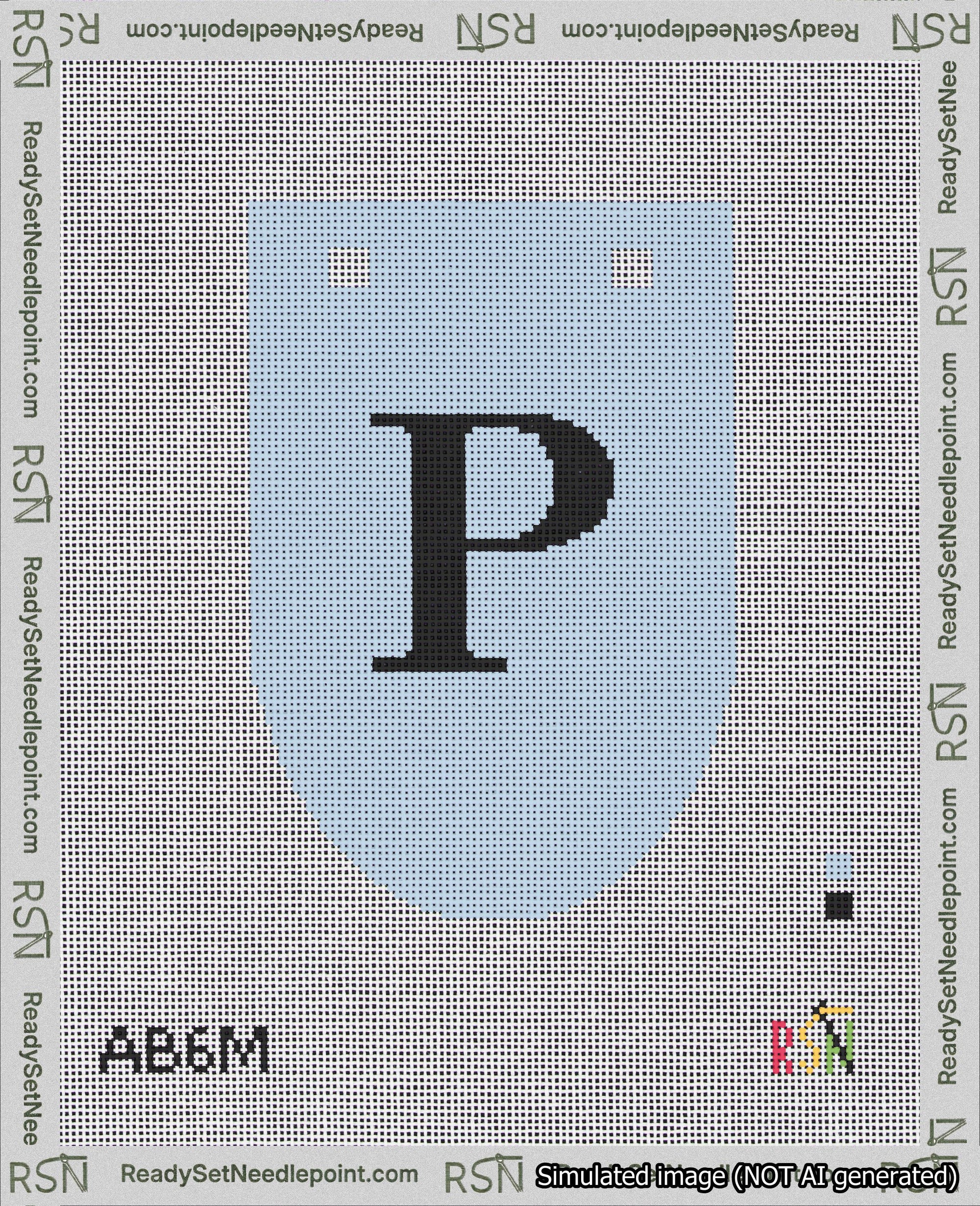 A taped needlepoint canvas with the design: Banner 18 mesh count Rounded P Black on Light Blue.