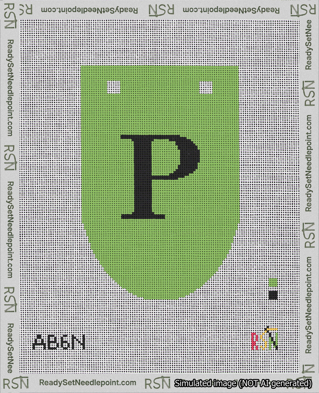 A taped needlepoint canvas with the design: Banner 18 mesh count Rounded P Black on Light Green.