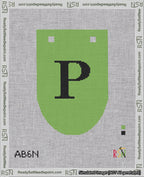 A taped needlepoint canvas with the design: Banner 18 mesh count Rounded P Black on Light Green.