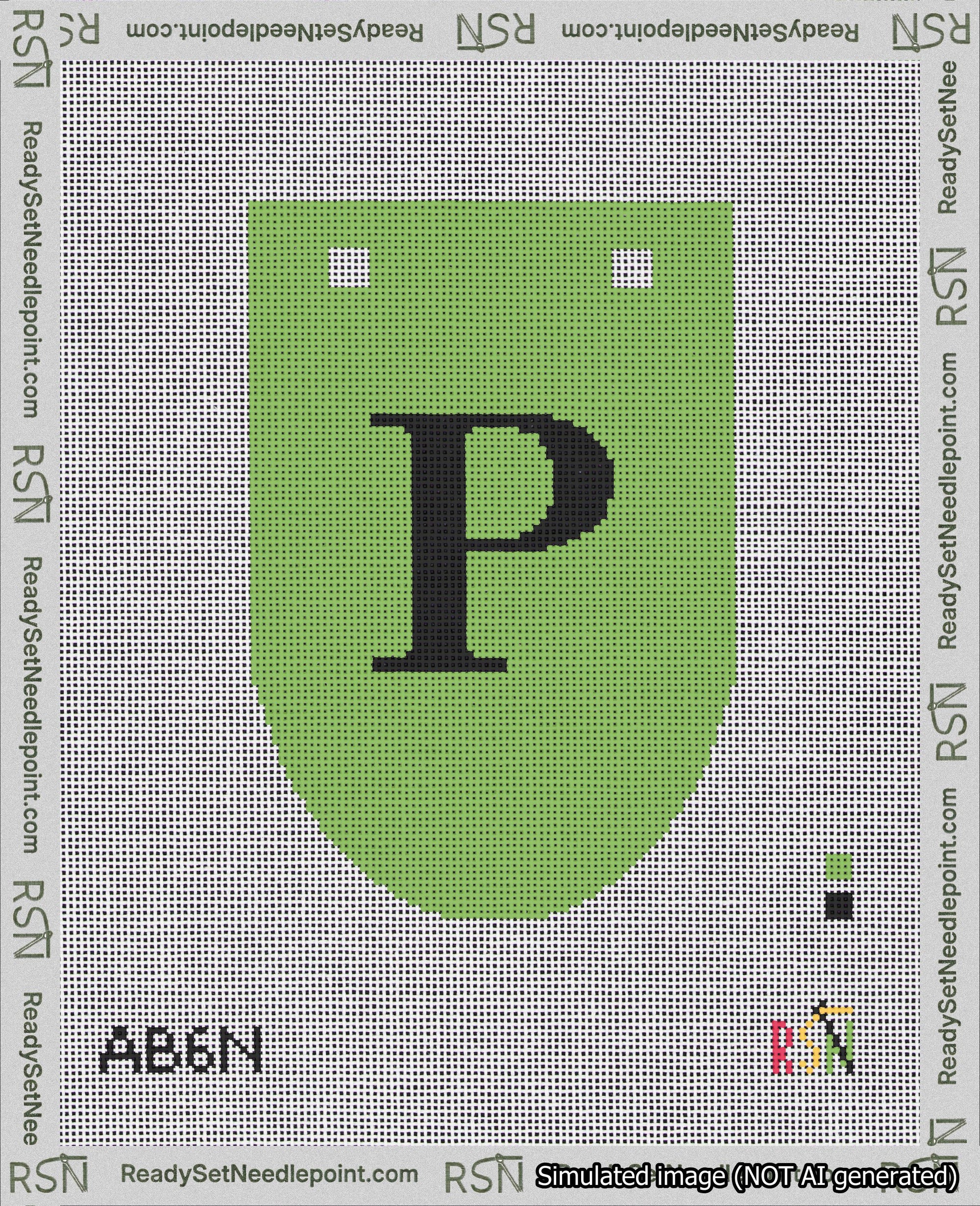 A taped needlepoint canvas with the design: Banner 18 mesh count Rounded P Black on Light Green.