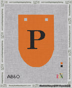 A taped needlepoint canvas with the design: Banner 18 mesh count Rounded P Black on Orange.
