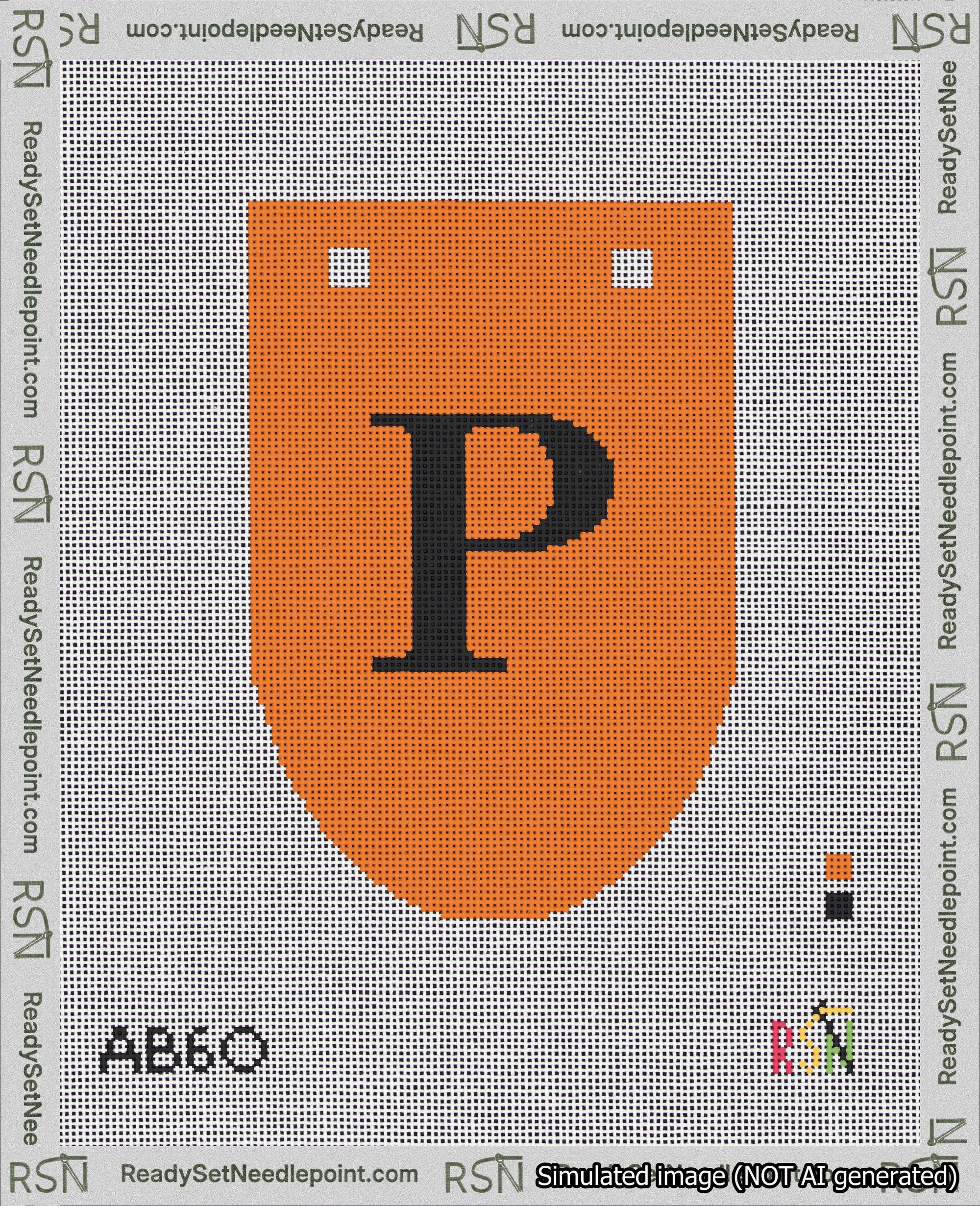 A taped needlepoint canvas with the design: Banner 18 mesh count Rounded P Black on Orange.