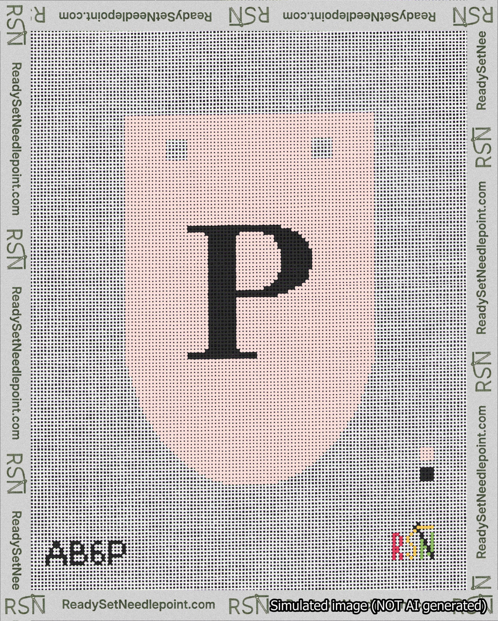 A taped needlepoint canvas with the design: Banner 18 mesh count Rounded P Black on Pink.