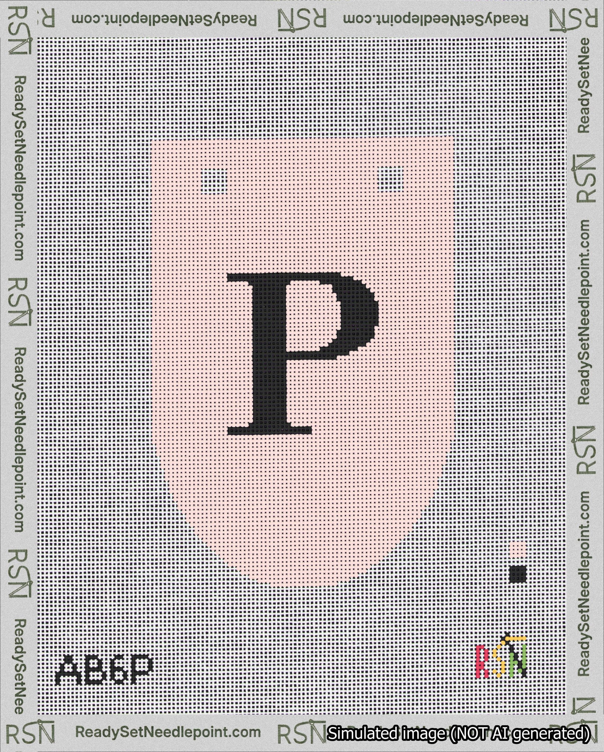 A taped needlepoint canvas with the design: Banner 18 mesh count Rounded P Black on Pink.