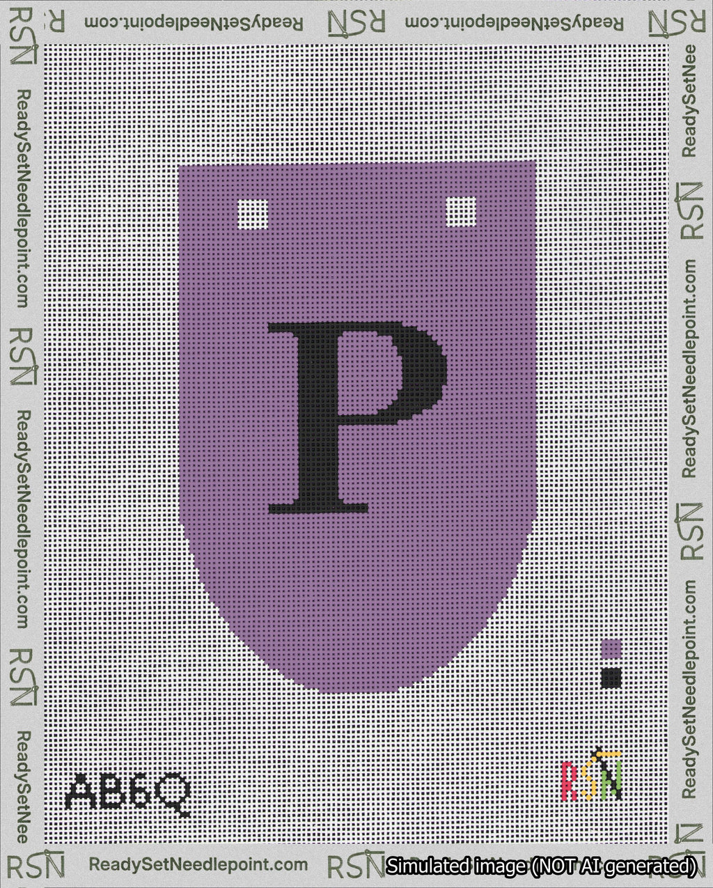 A taped needlepoint canvas with the design: Banner 18 mesh count Rounded P Black on Purple.