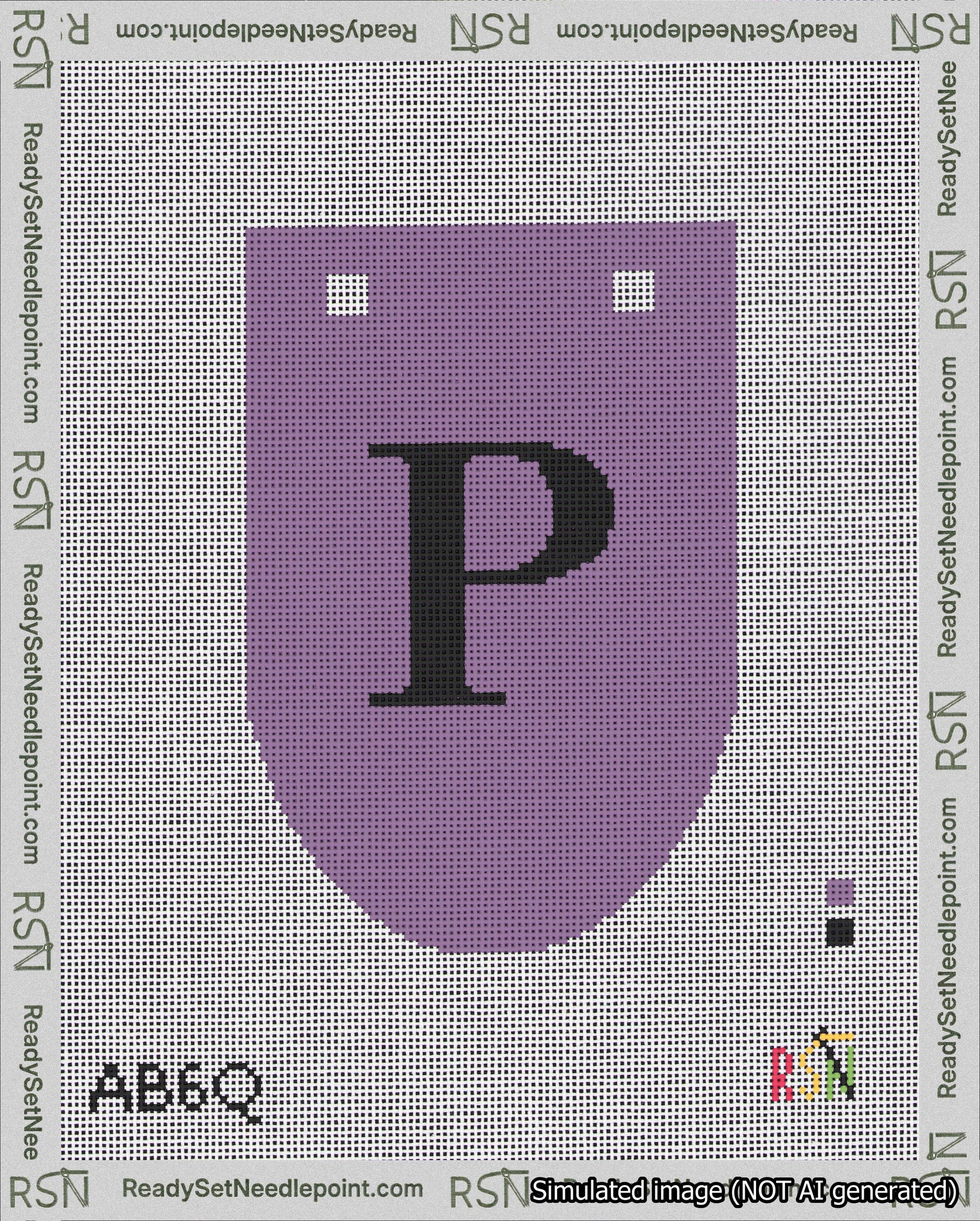 A taped needlepoint canvas with the design: Banner 18 mesh count Rounded P Black on Purple.