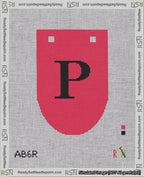 A taped needlepoint canvas with the design: Banner 18 mesh count Rounded P Black on Red.