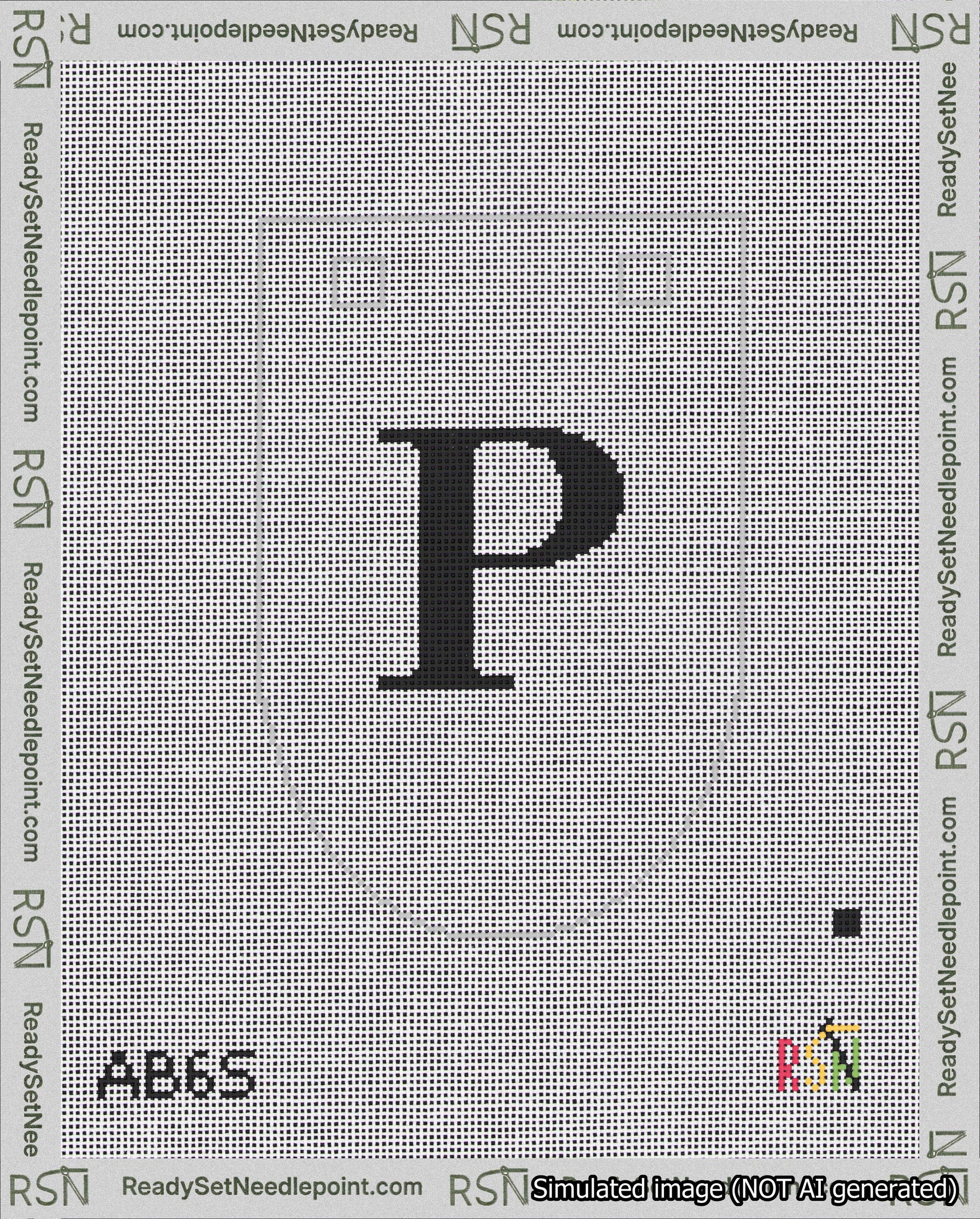 A taped needlepoint canvas with the design: Banner 18 mesh count Rounded P Black on White.