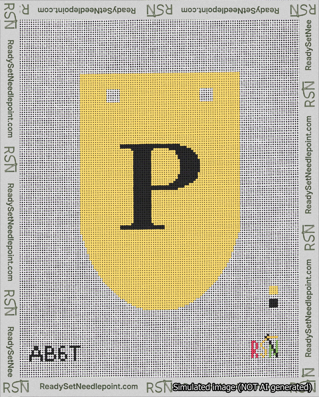 A taped needlepoint canvas with the design: Banner 18 mesh count Rounded P Black on Yellow.