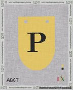 A taped needlepoint canvas with the design: Banner 18 mesh count Rounded P Black on Yellow.