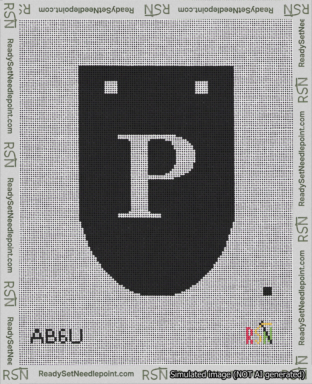 A taped needlepoint canvas with the design: Banner 18 mesh count Rounded P White on Black.