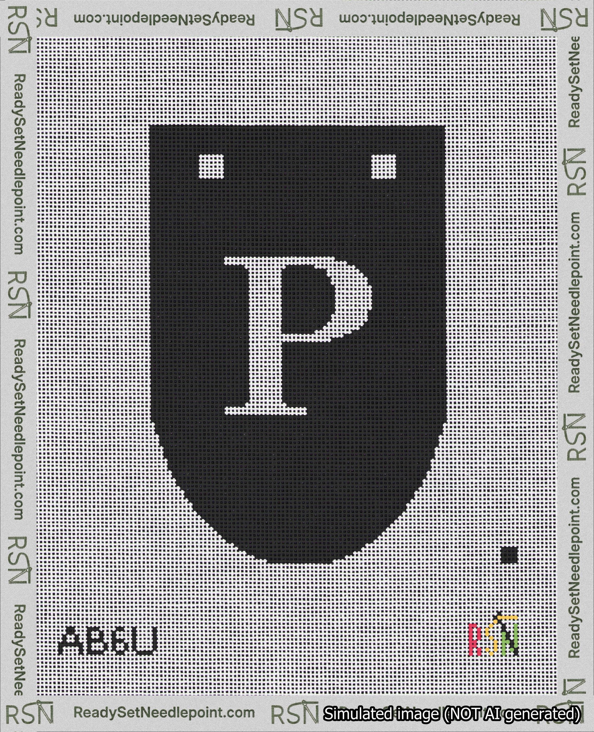 A taped needlepoint canvas with the design: Banner 18 mesh count Rounded P White on Black.
