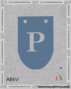 A taped needlepoint canvas with the design: Banner 18 mesh count Rounded P White on Blue.