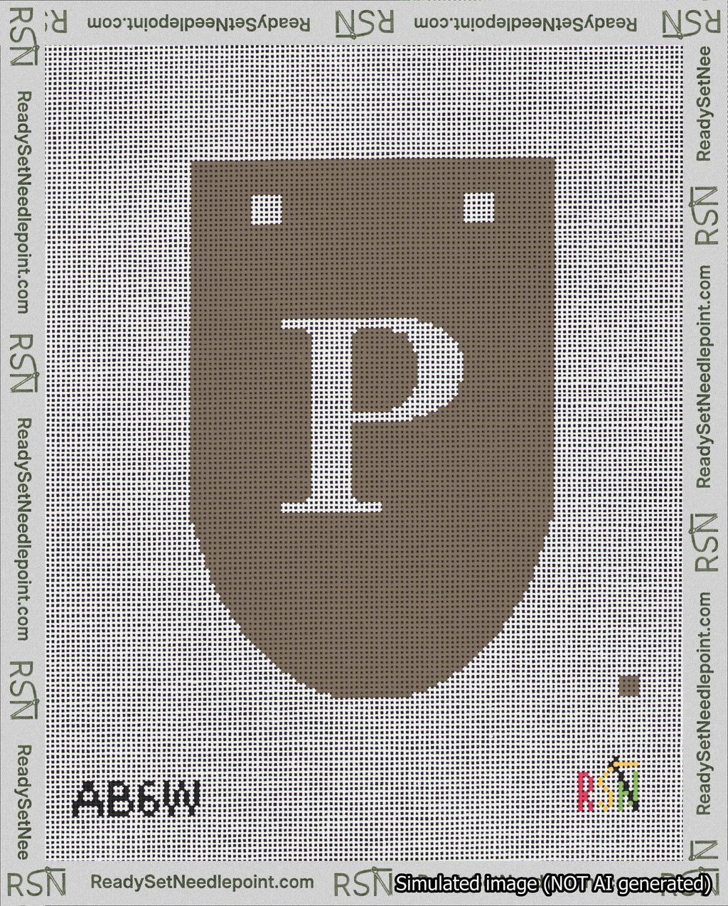 A taped needlepoint canvas with the design: Banner 18 mesh count Rounded P White on Brown.