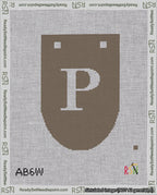 A taped needlepoint canvas with the design: Banner 18 mesh count Rounded P White on Brown.