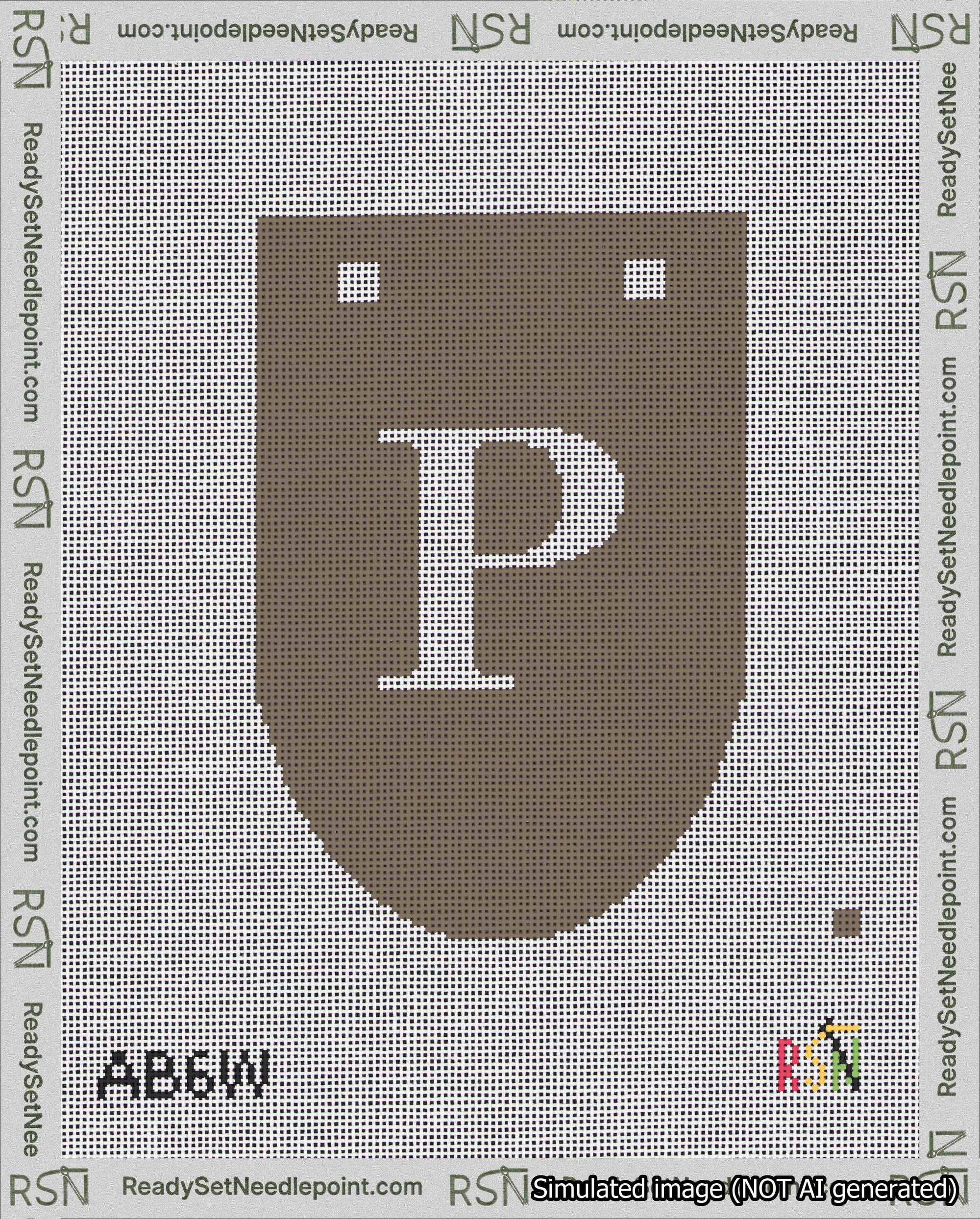 A taped needlepoint canvas with the design: Banner 18 mesh count Rounded P White on Brown.
