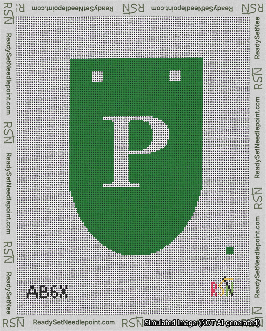 A taped needlepoint canvas with the design: Banner 18 mesh count Rounded P White on Green.