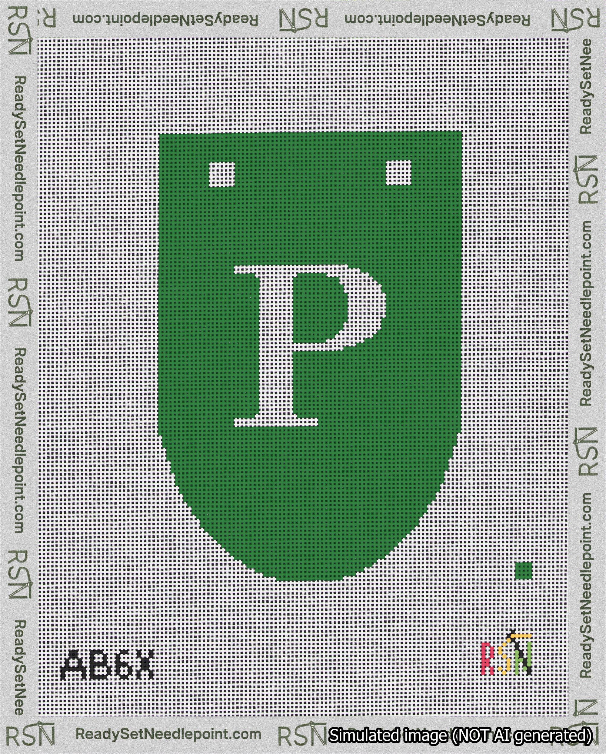 A taped needlepoint canvas with the design: Banner 18 mesh count Rounded P White on Green.
