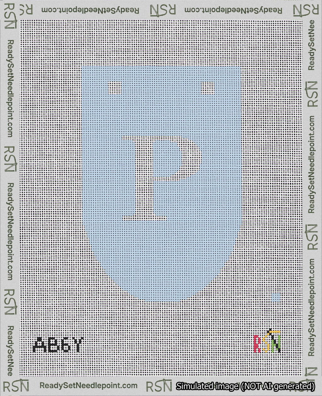 A taped needlepoint canvas with the design: Banner 18 mesh count Rounded P White on Light Blue.