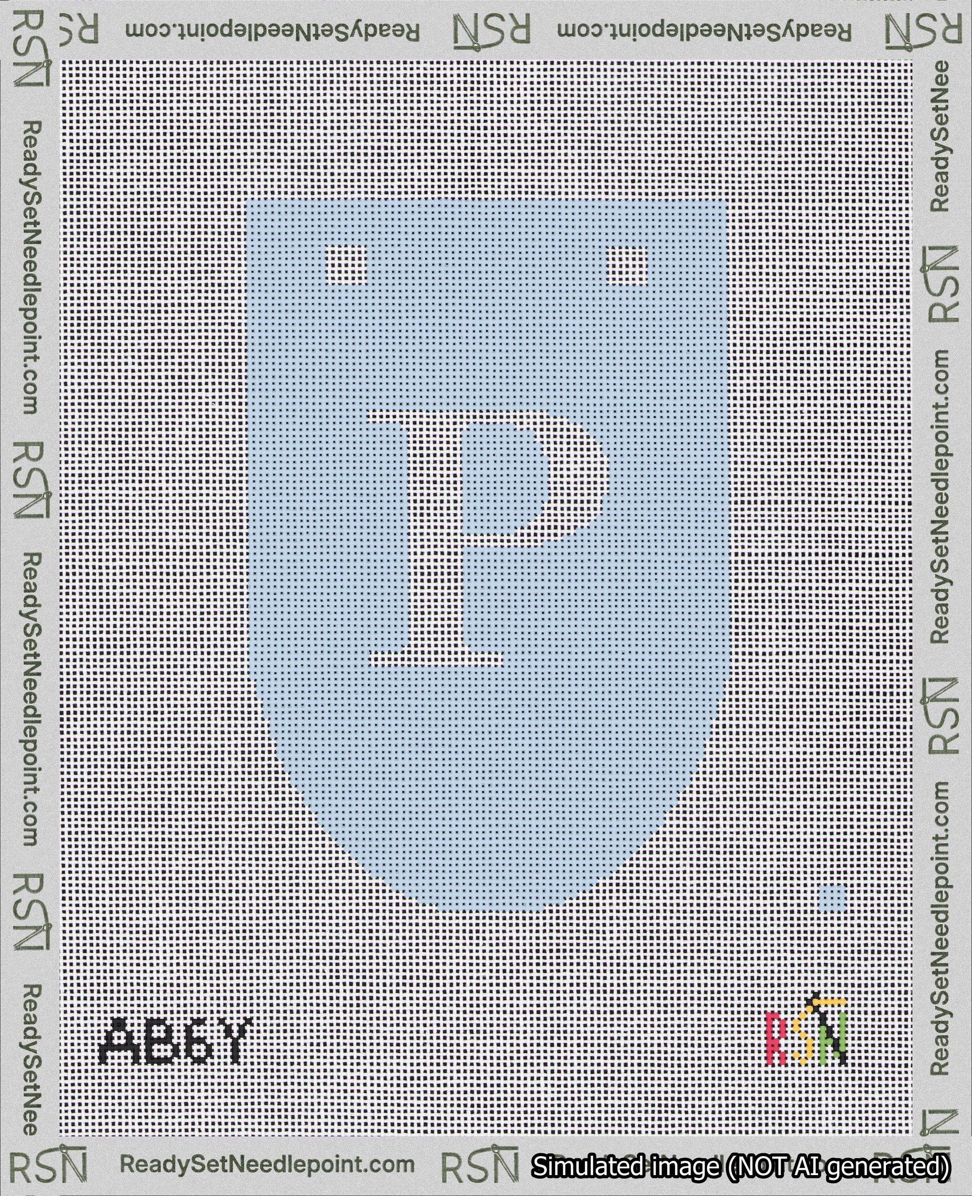A taped needlepoint canvas with the design: Banner 18 mesh count Rounded P White on Light Blue.