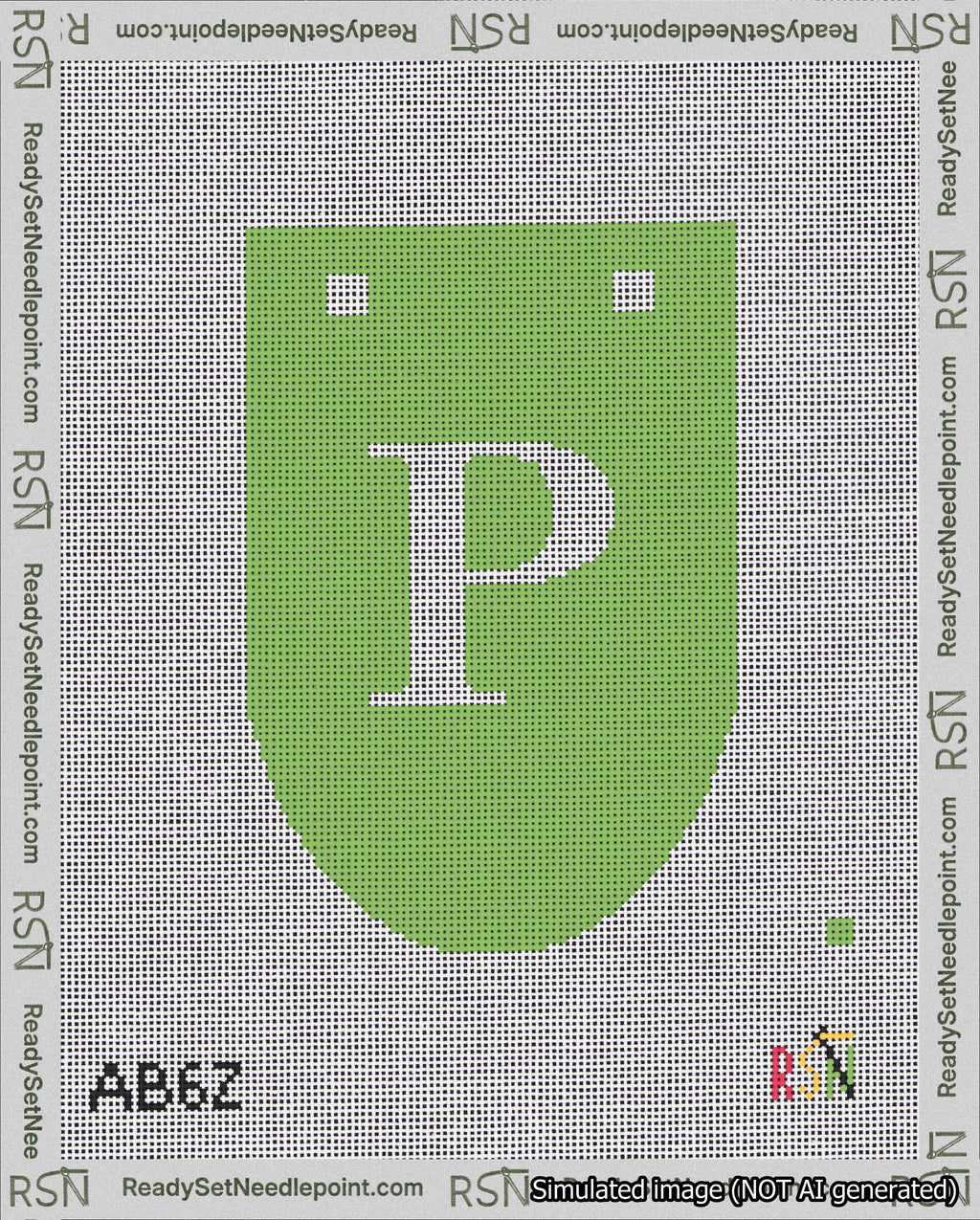 A taped needlepoint canvas with the design: Banner 18 mesh count Rounded P White on Light Green.