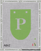 A taped needlepoint canvas with the design: Banner 18 mesh count Rounded P White on Light Green.