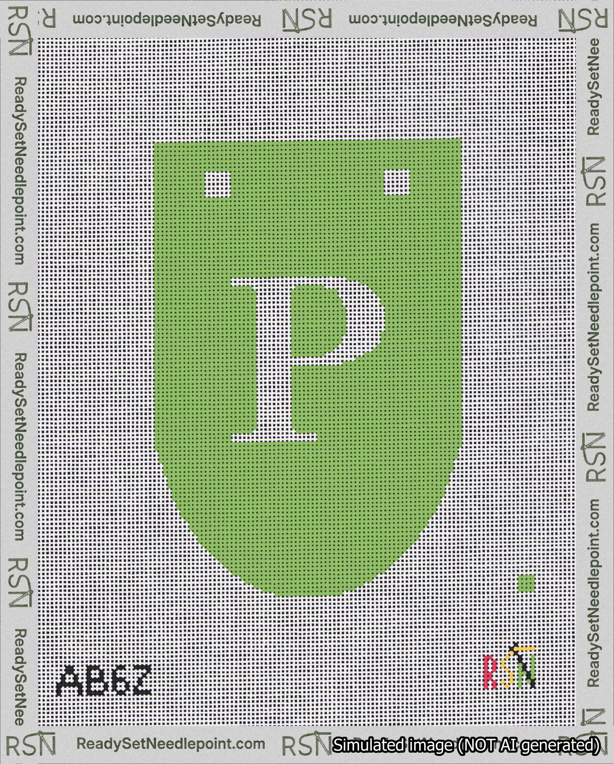 A taped needlepoint canvas with the design: Banner 18 mesh count Rounded P White on Light Green.