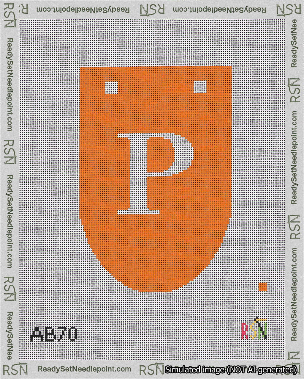 A taped needlepoint canvas with the design: Banner 18 mesh count Rounded P White on Orange.