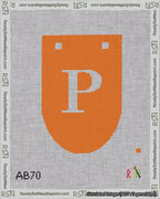 A taped needlepoint canvas with the design: Banner 18 mesh count Rounded P White on Orange.