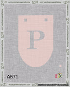 A taped needlepoint canvas with the design: Banner 18 mesh count Rounded P White on Pink.