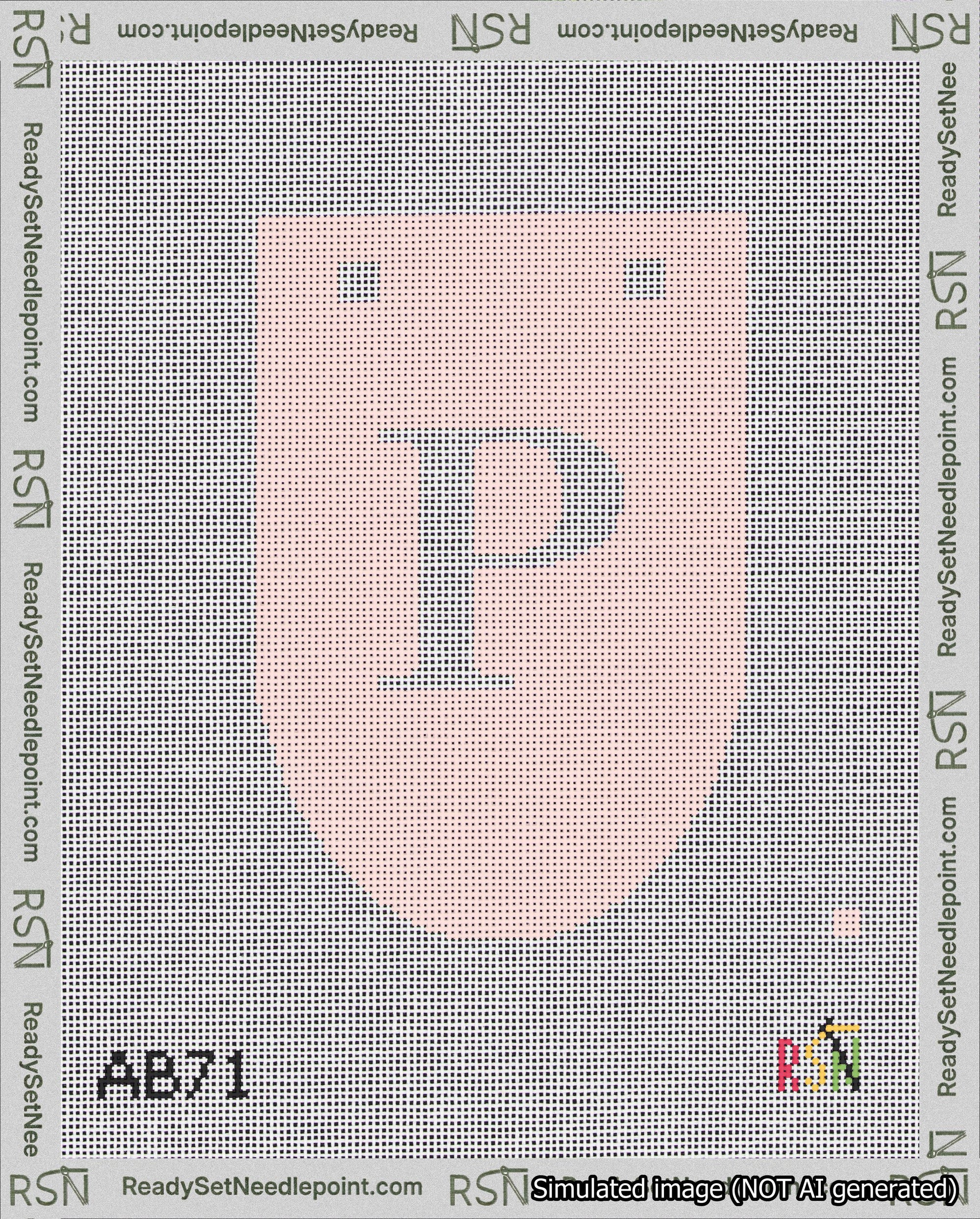 A taped needlepoint canvas with the design: Banner 18 mesh count Rounded P White on Pink.