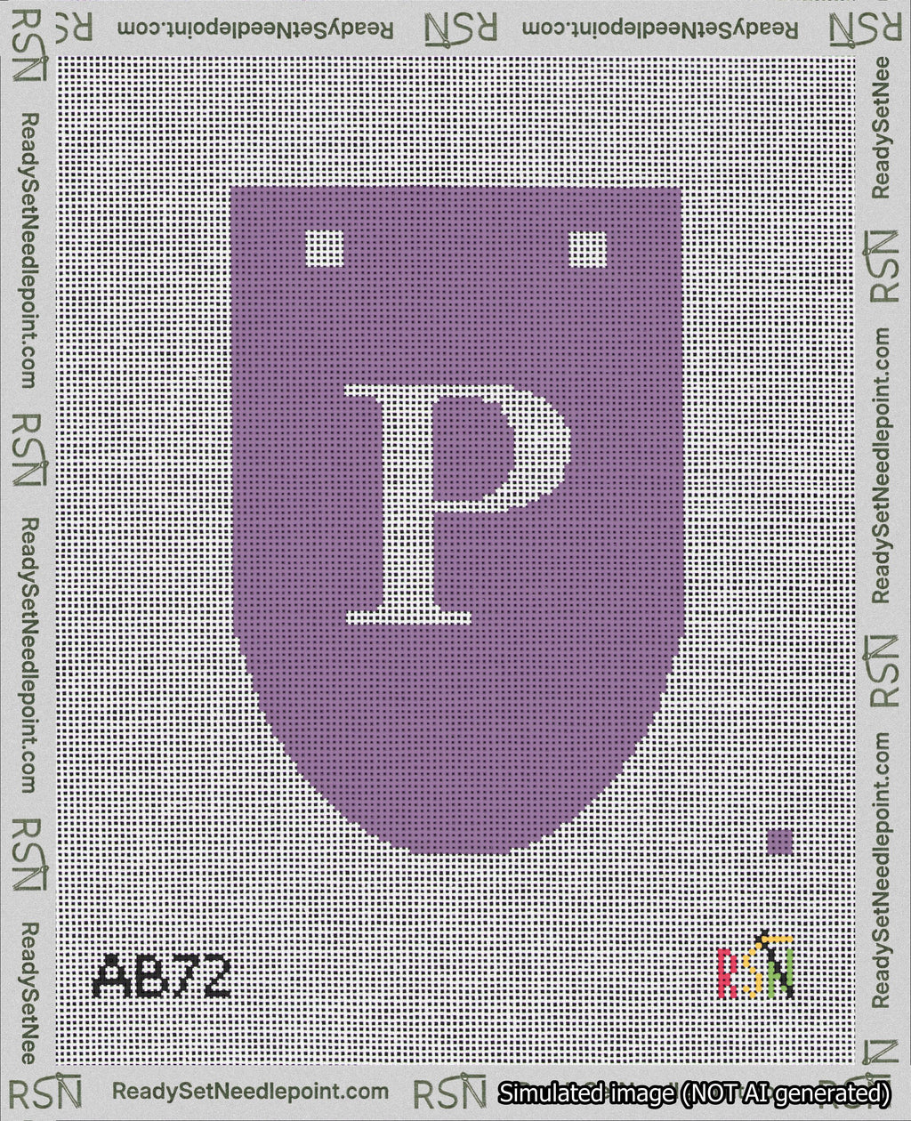A taped needlepoint canvas with the design: Banner 18 mesh count Rounded P White on Purple.