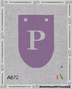 A taped needlepoint canvas with the design: Banner 18 mesh count Rounded P White on Purple.
