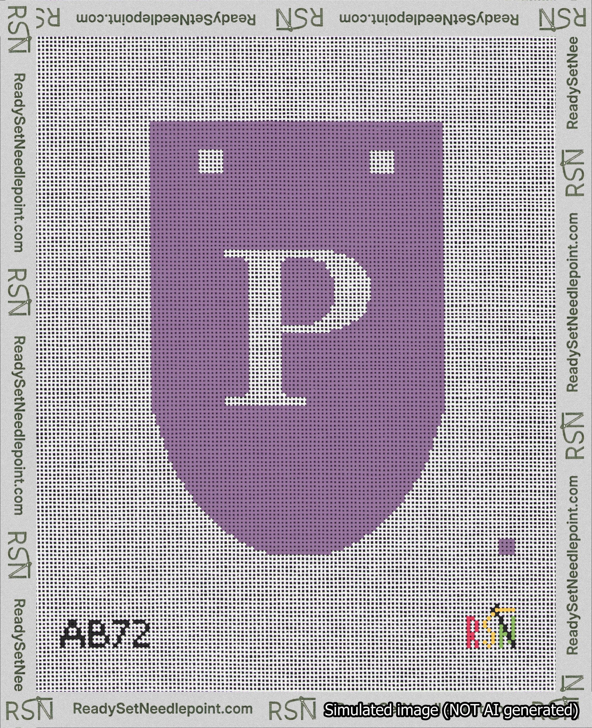 A taped needlepoint canvas with the design: Banner 18 mesh count Rounded P White on Purple.