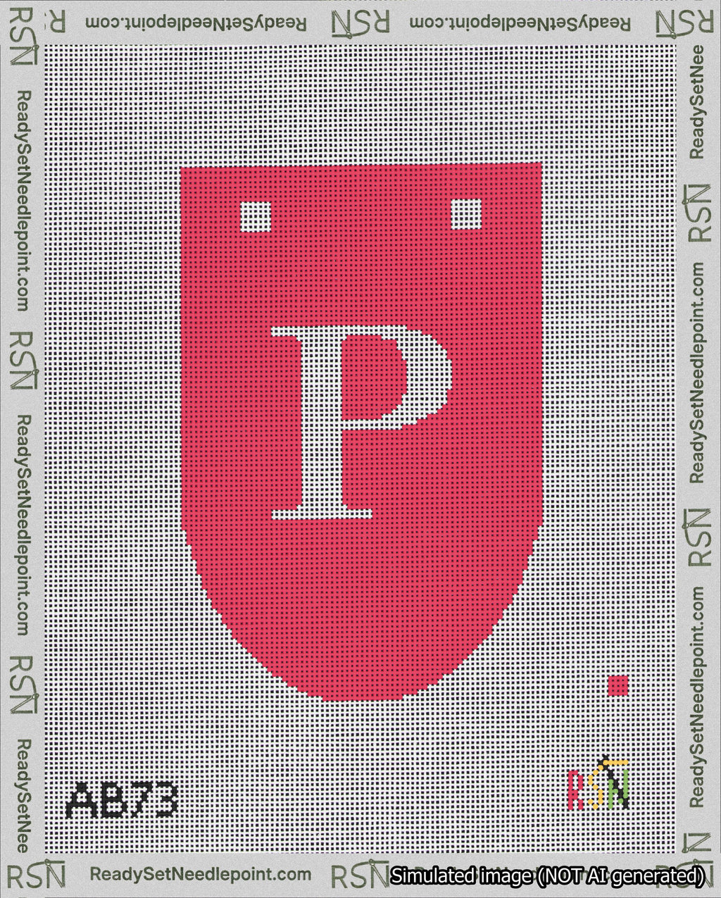 A taped needlepoint canvas with the design: Banner 18 mesh count Rounded P White on Red.