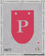 A taped needlepoint canvas with the design: Banner 18 mesh count Rounded P White on Red.