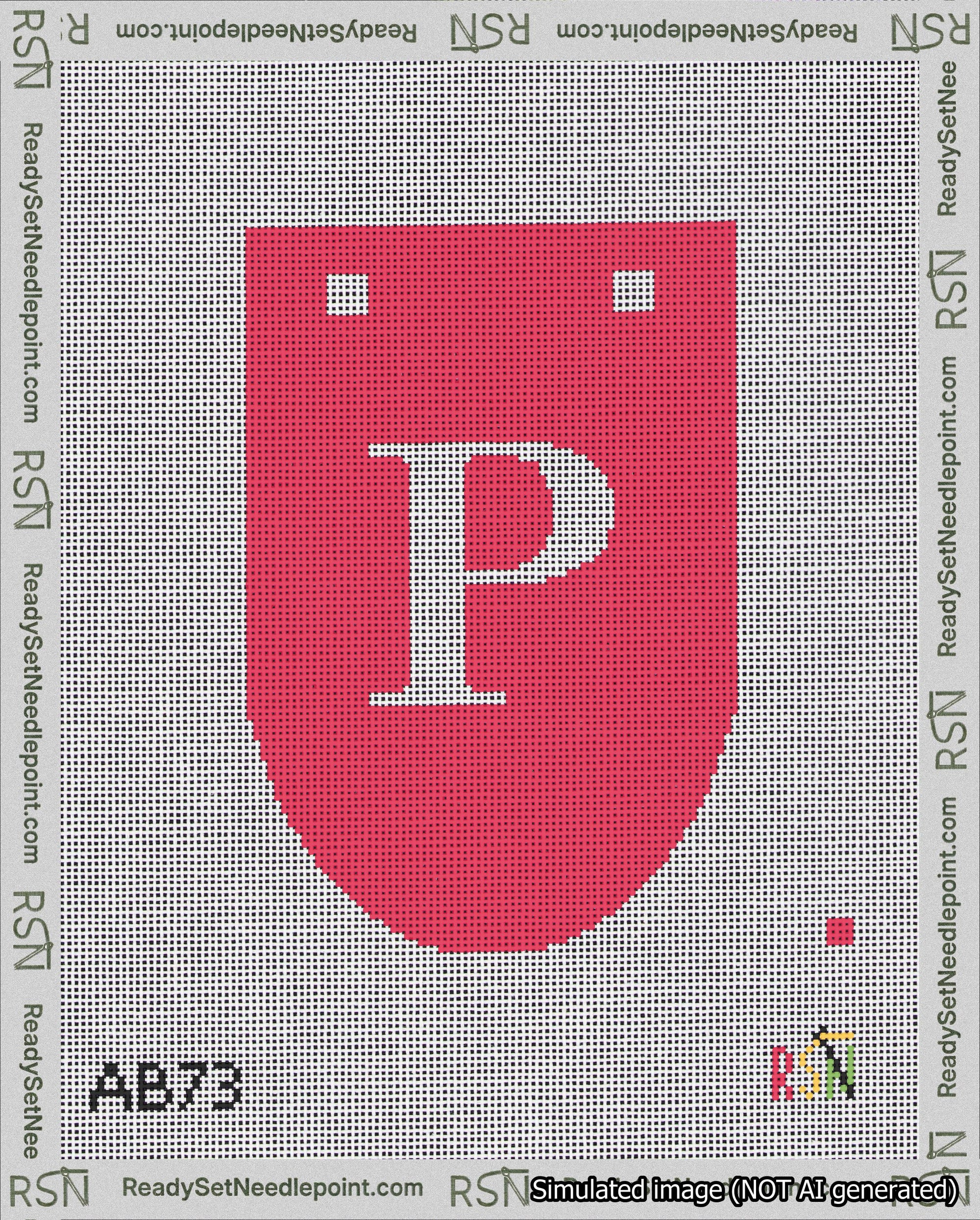 A taped needlepoint canvas with the design: Banner 18 mesh count Rounded P White on Red.