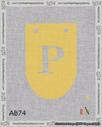 A taped needlepoint canvas with the design: Banner 18 mesh count Rounded P White on Yellow.