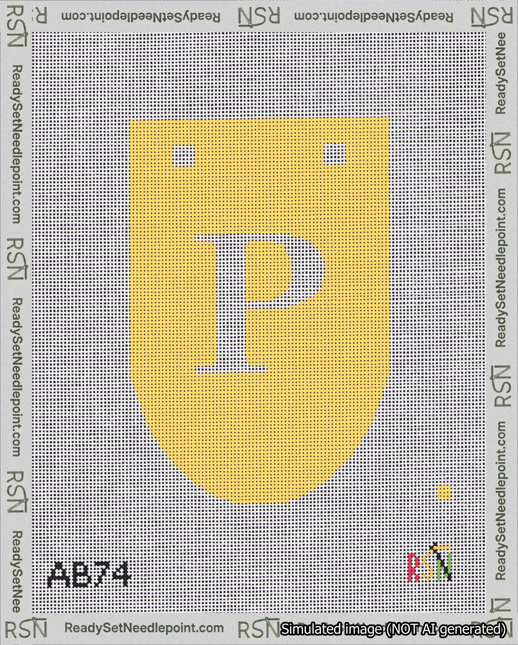A taped needlepoint canvas with the design: Banner 18 mesh count Rounded P White on Yellow.