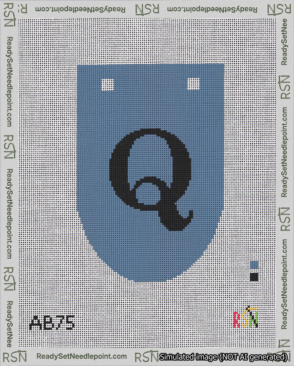 A taped needlepoint canvas with the design: Banner 18 mesh count Rounded Q Black on Blue.
