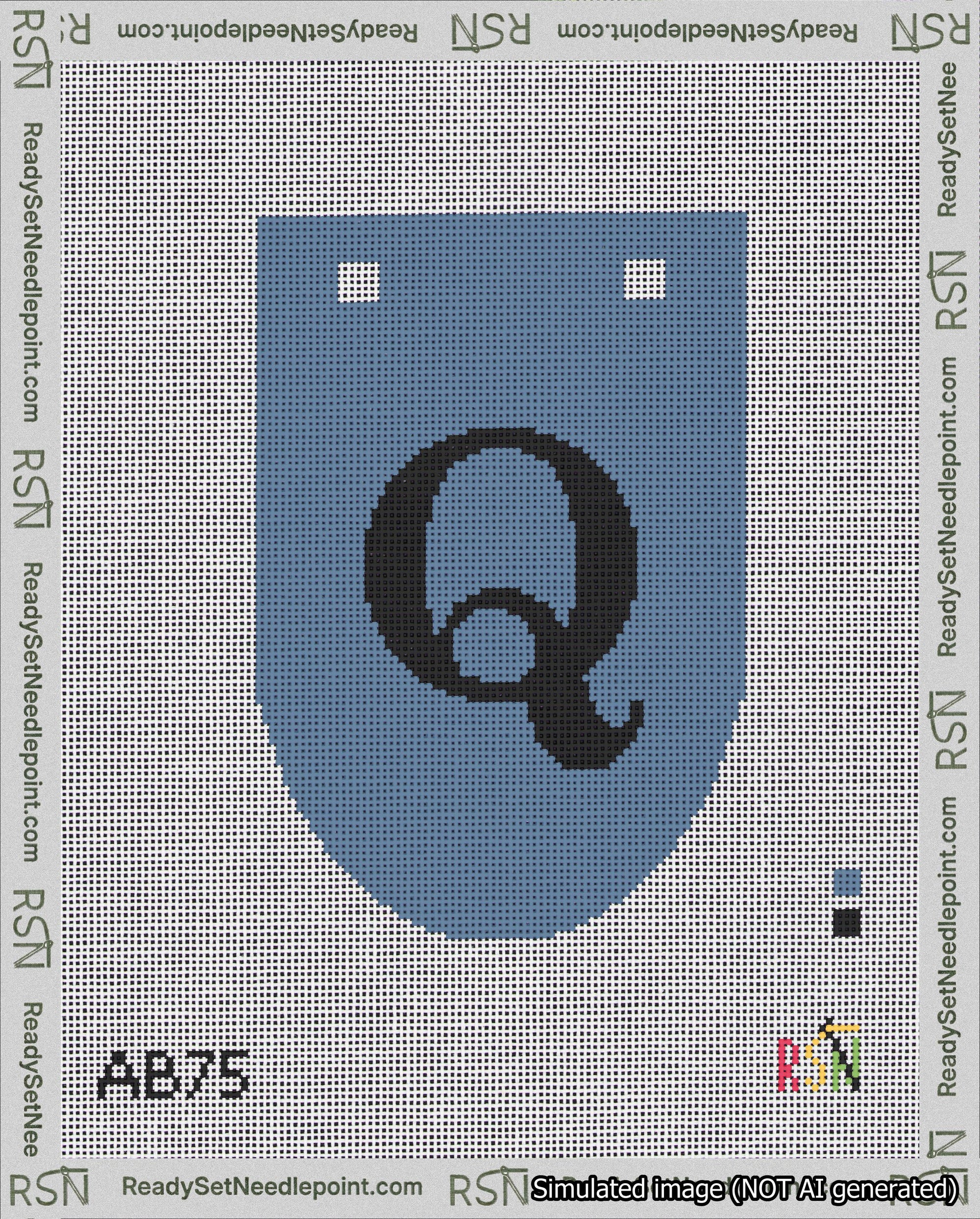 A taped needlepoint canvas with the design: Banner 18 mesh count Rounded Q Black on Blue.